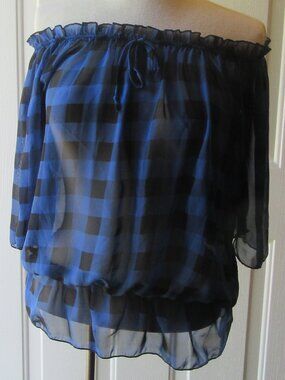 Vintage 80s Sheer Blue Plaid Peasant Blouse with 3/4 sleeves & peplum Sz M